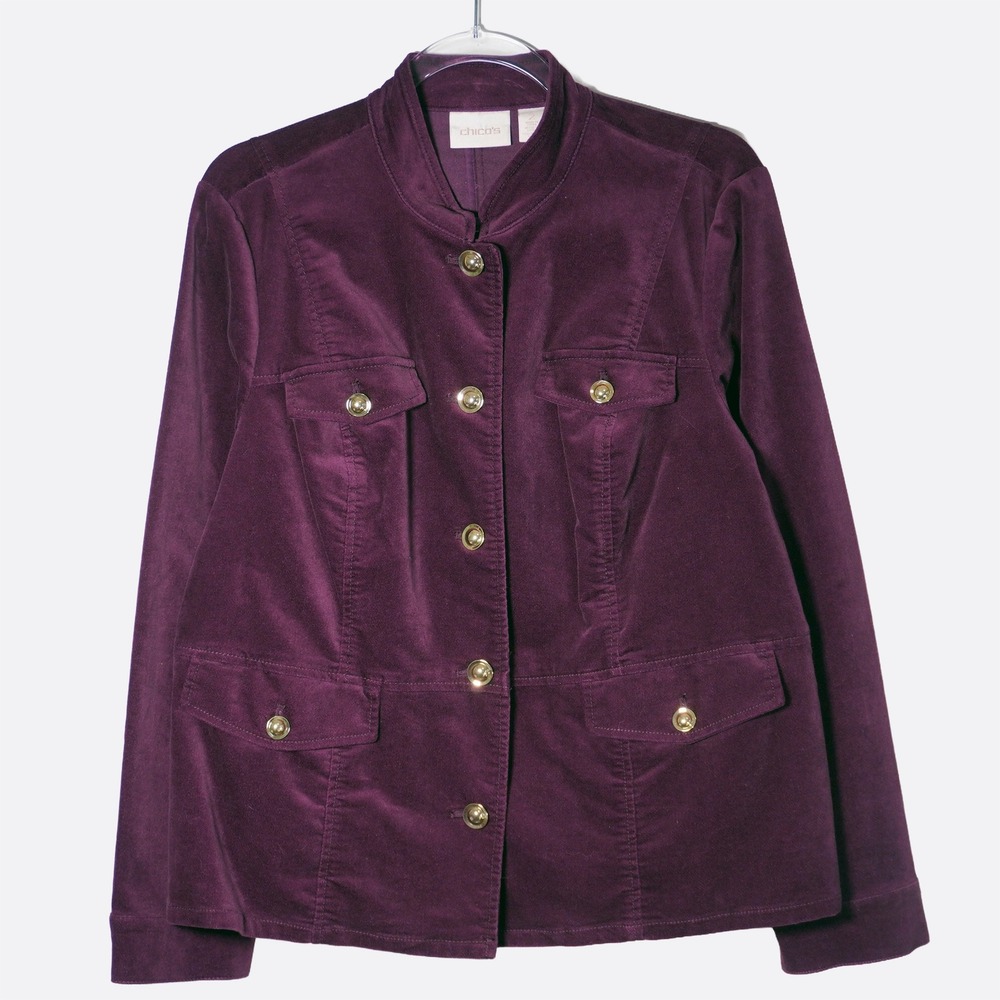 Chico's Velvet Military Jacket L XL 1X Purple Gold Buttons Old Money NWT - Picture 2 of 11